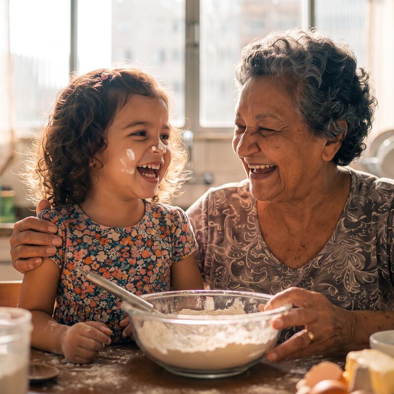 Avó e neta rindo juntas na cozinha, fazendo um bolo, com farinha no nariz da menina