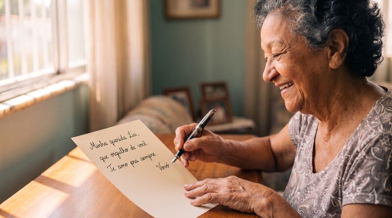 Avó sorrindo enquanto escreve à mão uma carta: “Minha querida Lia, que orgulho de você. Te amo pra sempre. Vovó”